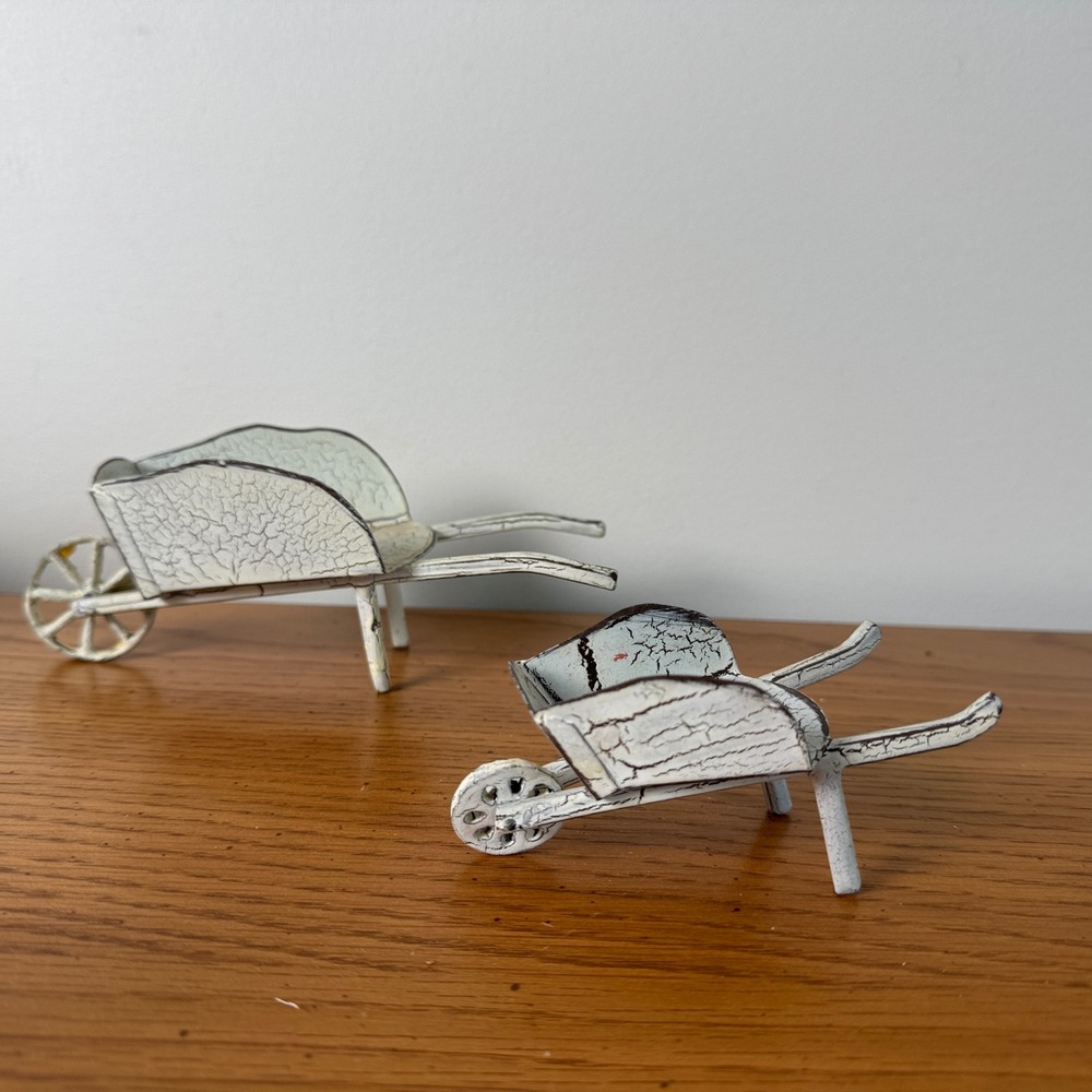 Set of 2 Miniature‎ Decorative White Crackle Finish Metal Wheelbarrows